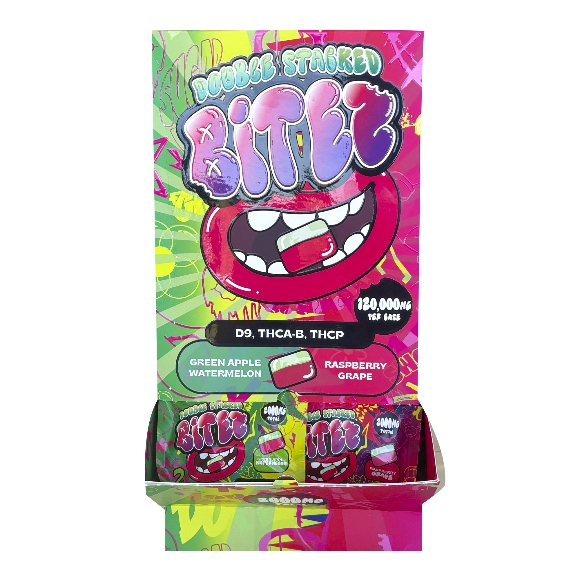 Trippy Sugar – 2ct Bitez – Green Apple Watermelon / Raspberry Grape – 60ct Display